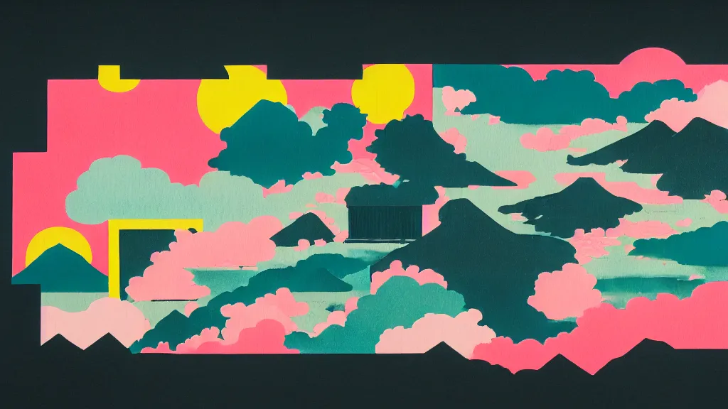 Image similar to japan, a collage painting, in the style of wes anderson, lola dupre, david hockney, isolated on negative white space background dark monochrome neon spraypaint accents volumetric octane render