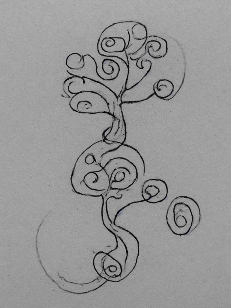 Prompt: a sketch of an acorn that turns into a tree in the shape of a treble clef with a wavy line in the middle, single line drawing