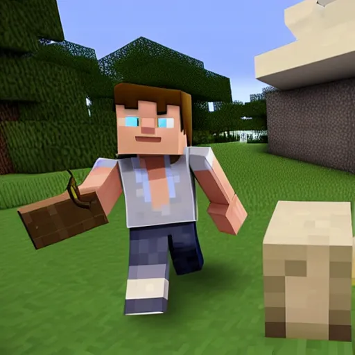 Image similar to minecraft steve breaking into a house with a diamond pickaxe