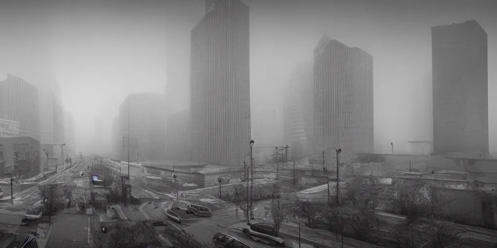 Image similar to wide - angle view of a deserted city with brutalism architecture and stone buildings with overcast and foggy weather. detailed, ultra - realistic, 4 k.