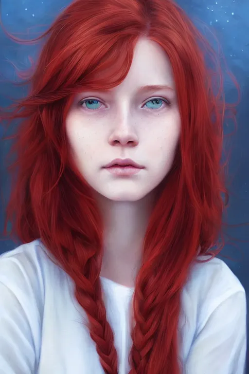 Image similar to ultra realistic style illustration of a beautiful cute red haired joyful teen girl, long hair, 1 9 year old, portrait, sci - fi, fantasy, intricate, elegant, digital painting, artstation, concept art, smooth, sharp focus, illustration, 8 k frostbite 3 engine, ultra detailed, art by artgerm and greg rutkowski and magali villeneuve