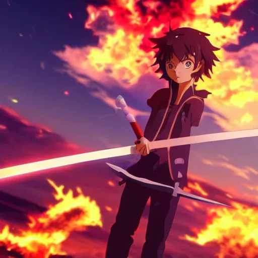 prompthunt: sword made of fire in the style of Makoto Shinkai, anime,  colorful, beautiful, 4k