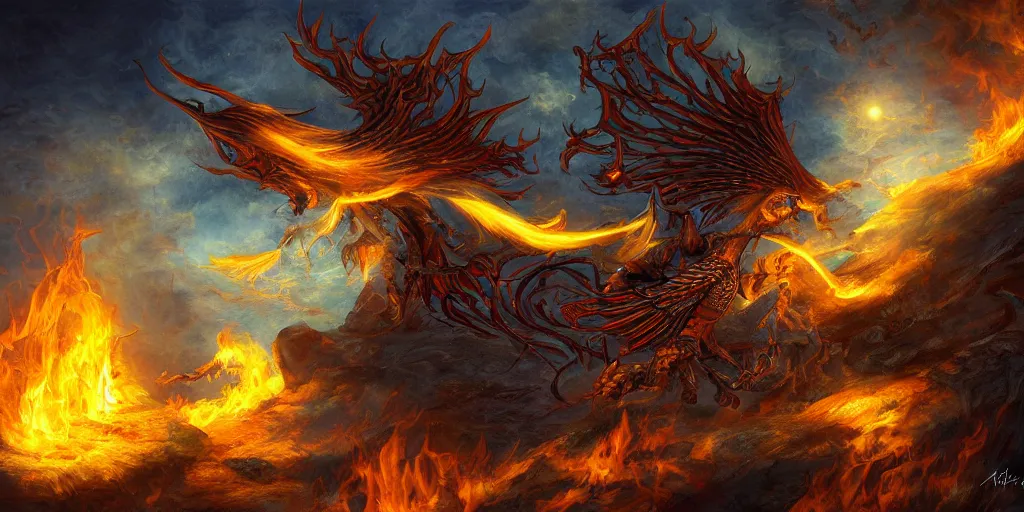 Prompt: roof on fire, fantasy art in the style of Anne Stokes, digital art, with lots of details