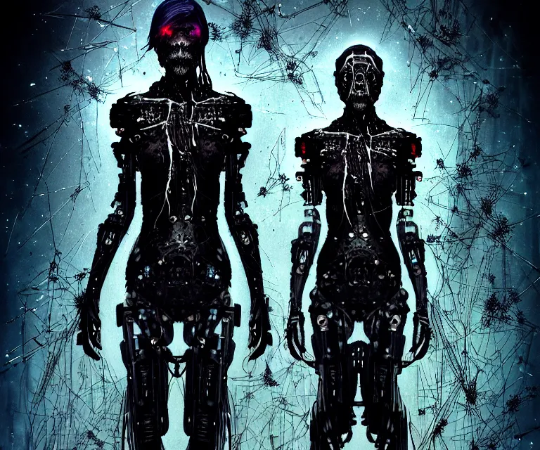 Image similar to gothic mute hybrid cyborg wearing cybor clothes shaping the universe, freedom fighter, eerie, cinematic, epic, 8 k, ultra realistic, rendered by awesomeness. | nights falling wind is blowwing snow is pilling concept art in style of carne griffiths artwork by xsullo. | backround of beautiful floweres floatingby elson, peter kemp, peter
