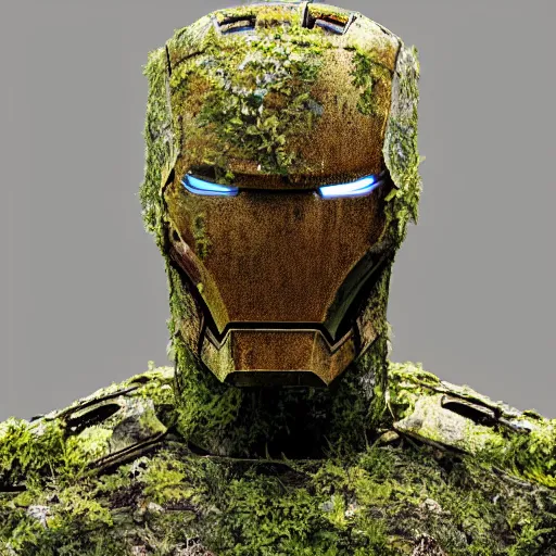 Prompt: abandoned iron man suit, overgrown and covered in vines, 4k realistic photo