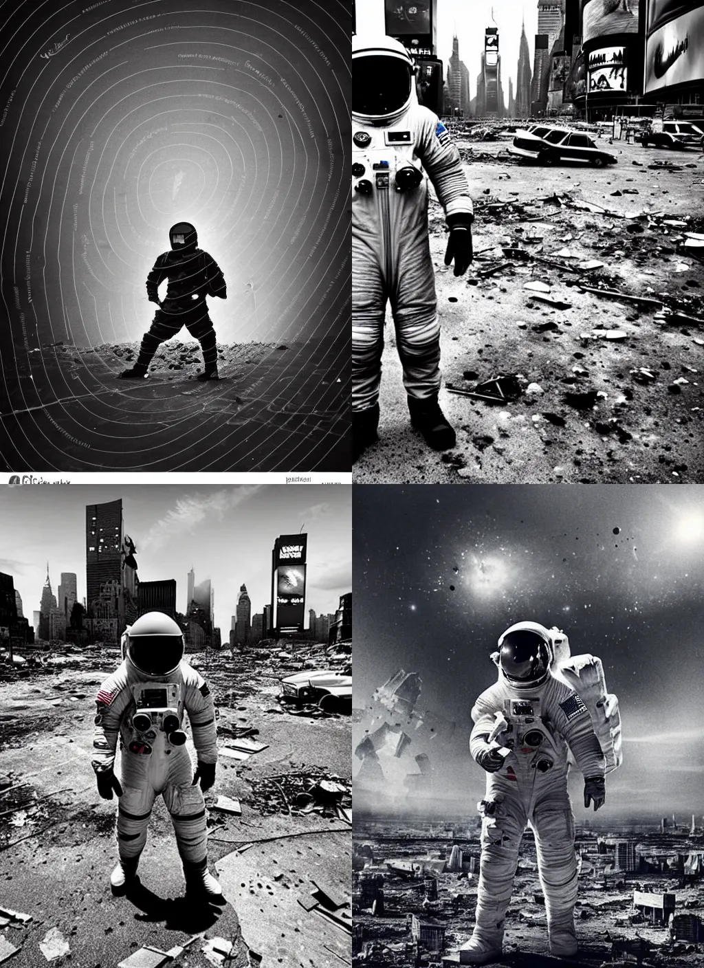 Prompt: grayscale!!! american white spacesuit astronaut with oversized helmet in postapocalyptic abandoned destroyed times square, destroyed buildings, destroyed flippde cars, giant crater in distance, heavy vignette!, specks, dirty, stains, dramatic dark, grayscale 1 9 0 0 s picture