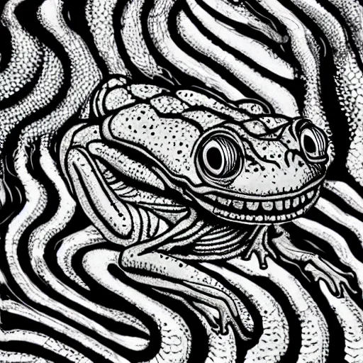 Image similar to closeup of an adorable, eldritch frog abomination of unimaginable horror by h. r. giger and junji ito, speculative evolution, op art with big bold patterns