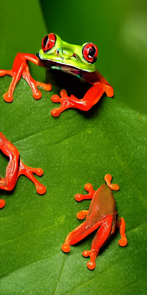 Image similar to macro photo of a red-eyed tree frog on a leaf, Nikon D810, ƒ/5.0, focal length: 46.0 mm, Exposure time: 1/60, ISO: 400, hyper-detailed, award-winning National Geographic photo