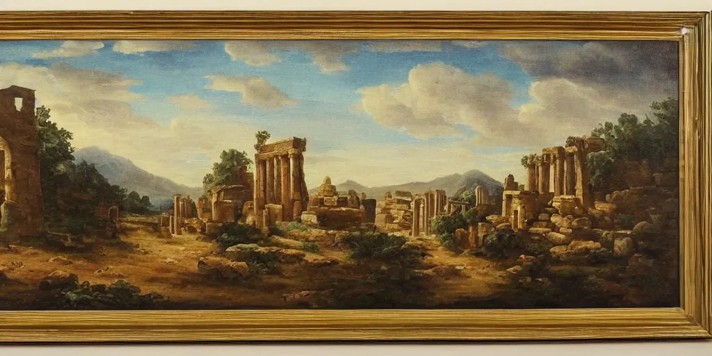 Image similar to stunning landscape painting of an ancient city