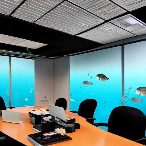 Image similar to photo of an office desk, underwater, cinematic