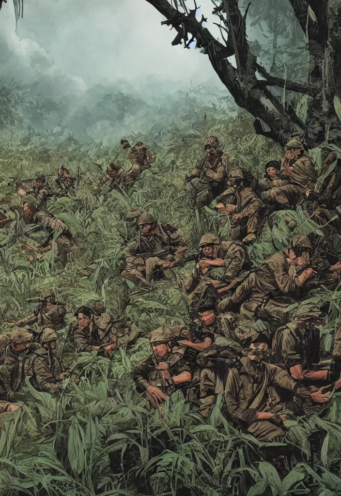 Prompt: handmade illustration of an epic Vietnam war scene with a very small group of american soldiers, the jungle at the background, some smoke and fire, line art, ink, watercolor by Kilian Eng and by Jake Parker, heavy brushstrokes, winning-award masterpiece, fantastic, octane render, 8K HD Resolution, High quality image