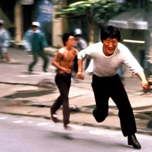 Prompt: a film still of jackie chan getting robbed in rio de janeiro running after the thief