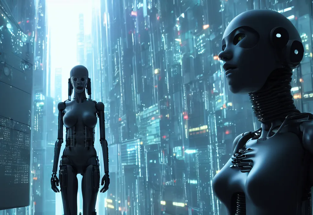 Prompt: shot of film by cyberpunk syle, human like a cyborg hyperrealistic full figure with realistic body in detailed data center, character design, futuristic, gradient, hyper realistic, ray tracing, realistic character, sharp focus, long shot, 8 k resolution, cinematic, by yoichi hatakenaka, by masamune shirow, by josan gonzales, octane render