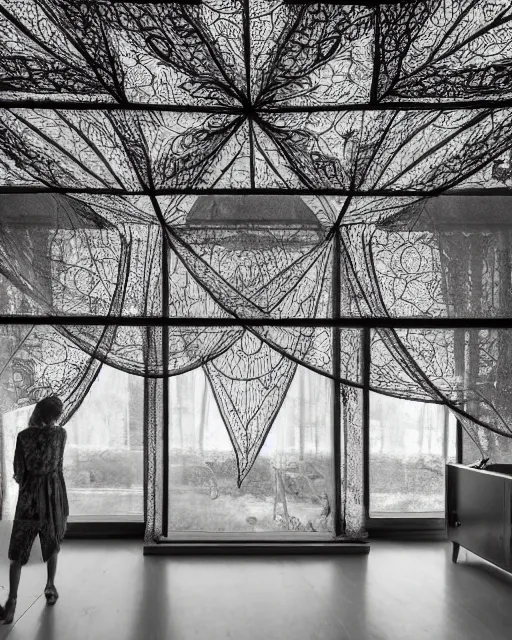 Prompt: midcentury architecture, made of intricate decorative lace leaf skeleton, in the style of the dutch masters and gregory crewdson, dark and moody