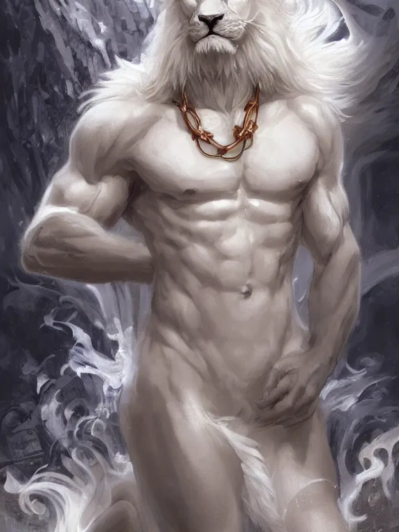 Prompt: muscular male albino anthropomorphic anthro furry white lion summoner with a fire elemental, fantasy, man, intricate, elegant, highly detailed, digital painting, artstation, concept art, wallpaper, smooth, sharp focus, illustration, art by artgerm and greg rutkowski and alphonse mucha