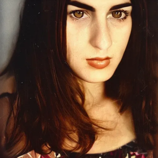 Image similar to photo of an atractive cool alternative bosnian woman in her early 20s. beautiful face. She has dark brown hair, dark thick eyebrows, brown eyes and shoulder long hair. kodachrome.