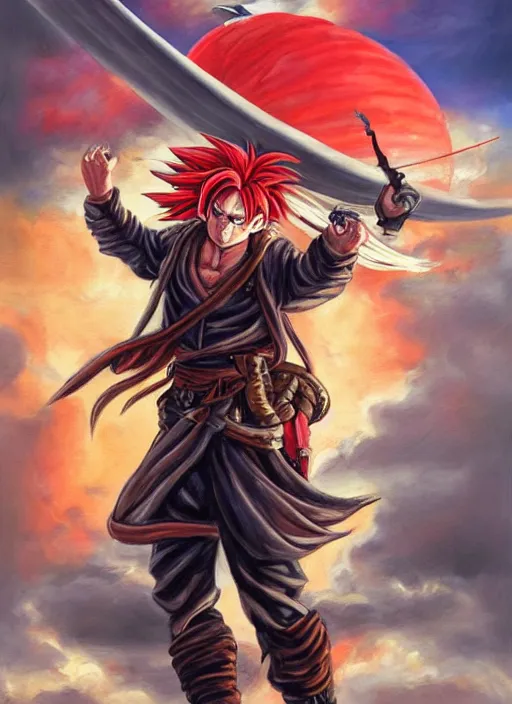 Image similar to epic fantasy portrait painting of a long haired, red headed male sky - pirate in front of an airship in the style of the dragonball