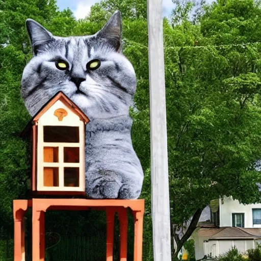 Image similar to a gigantic cat that towers over a house