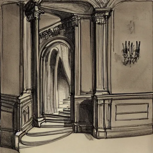 Prompt: the sketch of an opera scenoraphy designed of curved stairs and doors and windows frames by frazzeta.