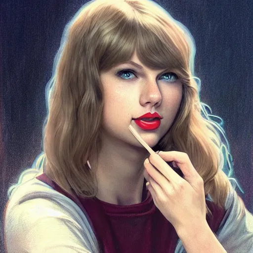 Image similar to taylor swift as a college student, eating ramen, bokeh, beautiful face!!!!, 2 7 years old, cg animation, lifelike, animated, realistic, character select portrait, by artgerm, greg rutkowski, alphonse mucha, anne liebovitz, 3 d