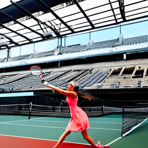 Prompt: woman playing tennis against a wall being watched by a large stadium full of fans