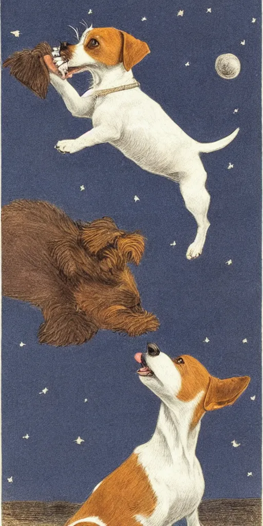 Image similar to portrait of jack russel dog looking up and howling with mouth open sad, night sky, highly detailed, side view, illustrated by peggy fortnum and beatrix potter and sir john tenniel