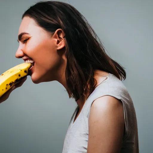 Prompt: close up photography of a woman that is about to bite into a banana but she just didnt do it yet, profile, close camera