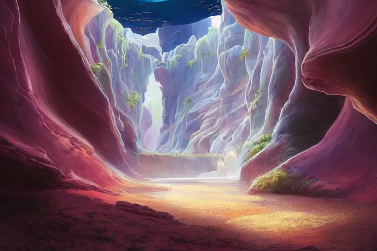 Prompt: Celestial majestic luxurios futuristic other worldly realm with Singaporean royal gold lush volcano, set on Antelope Canyon with white thermal waters flowing down pink travertine terraces, relaxing, ethereal and dreamy, thunderstorms and multiversal tornado, visually stunning, from Star Trek 2021, illustration, by WLOP and Ruan Jia and Mandy Jurgens and William-Adolphe Bouguereau, Artgerm