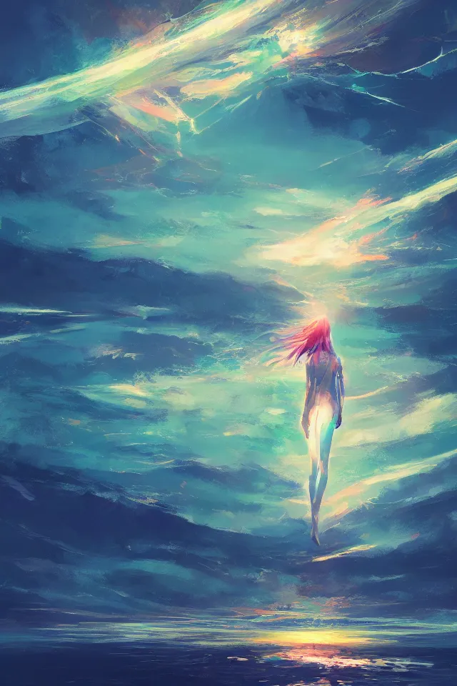Prompt: the lightning queen over the sea, Abstract expressionism tranquil art, by Yoshitaka Amano and Alena Aenami, Trending on Artstation, nvidia, matte painting