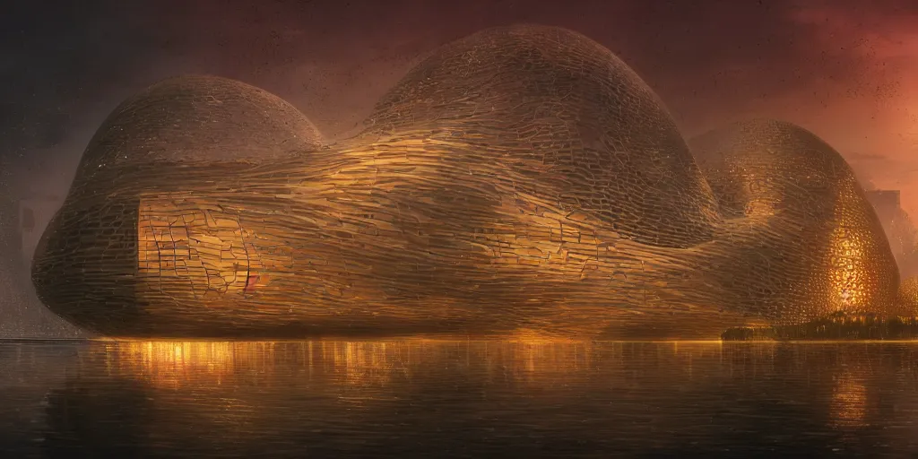 Image similar to An epic architectural rendering of a blob shaped trypophobia house with a mysterious red glow emitting from inside in a modern cityscape next to a river, by Zaha Hadid and Martin Johnson Heade and Greg Rutkowski, stunning, gorgeous, golden ratio, photorealistic, featured on artstation, 4k resolution