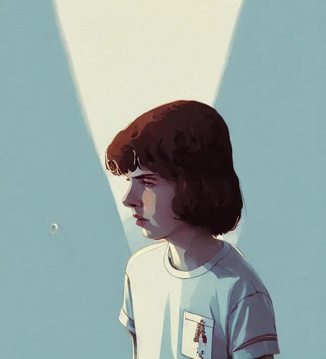 Image similar to stranger things, naturel, art style by atey ghailan, greg rutkowski, greg tocchini, james gilleard, joe gb fenton, in kaethe butcher, dynamic lighting, gradient light blue, brown, blonde cream and white color in scheme, grunge aesthetic