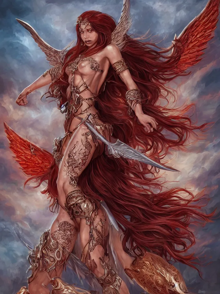 Image similar to a whole body D&D style illustration of Adriana as a warrior angel woman with angel wings wide opened , covered by elfish tattoos and wavy red hair, intricate, elegant, highly detailed, digital painting, artstation, wallpaper!, concept art, smooth, sharp focus, high fantasy illustration, art by artgerm and Vasylina, and Peter Andrew Jones