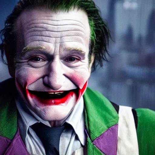 Image similar to stunning awe inspiring ( robin williams ) as the joker 8 k hdr movie still atmospheric lighting