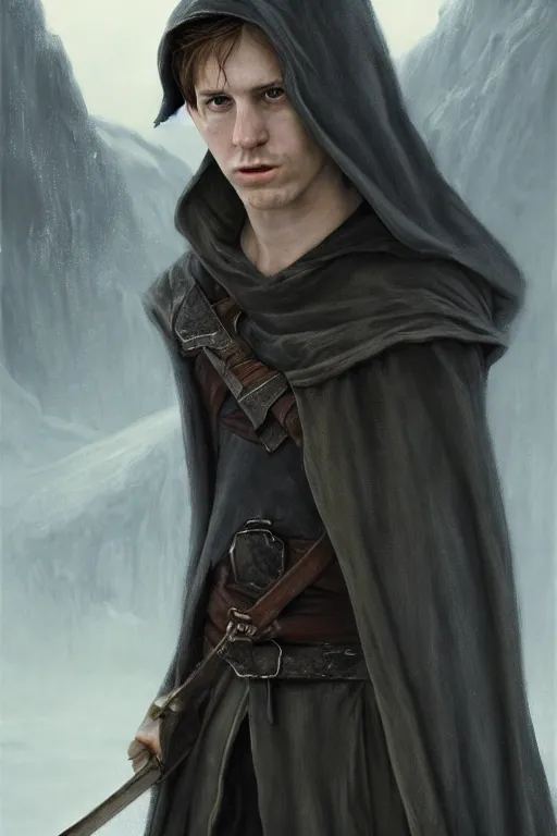 Image similar to a full body high detail fantasy portrait oil painting illustration of a small pale rogue by justin sweet with black cloak, face and body clearly visible, in a scenic background, visible pupils, realistic proportions, d & d, rpg, forgotten realms, artstation trending, high quality, sombre mood, artstation trending, muted colours, entire person visible!