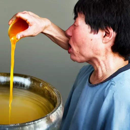 Image similar to a person drinking boiling oil, portrait photograph