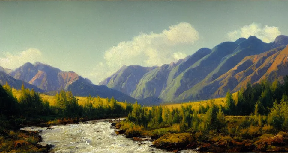 Image similar to Realist impasto painting of the Salmon River mountains by John Harris, 4k scan, oil on canvas,