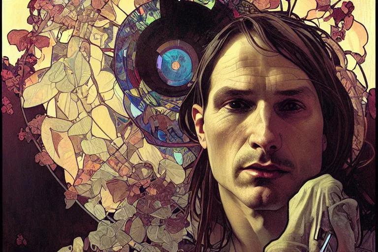 Image similar to hyper realistic portrait of the bends singer songwriter, by lee bermejo, alphonse mucha and greg rutkowski