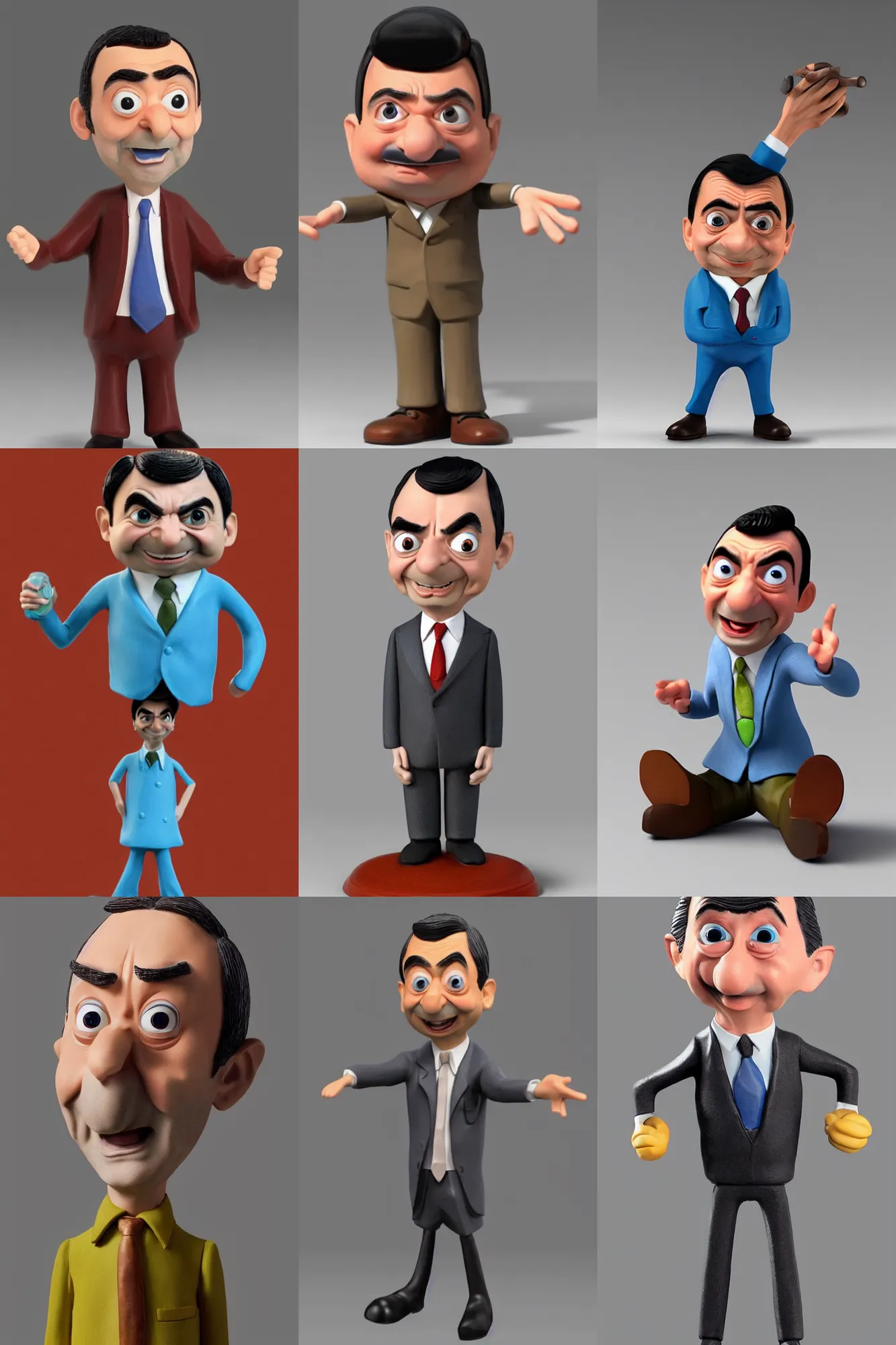 Prompt: a highly detailed 3D figurine of Mr. Bean as a Pixar character