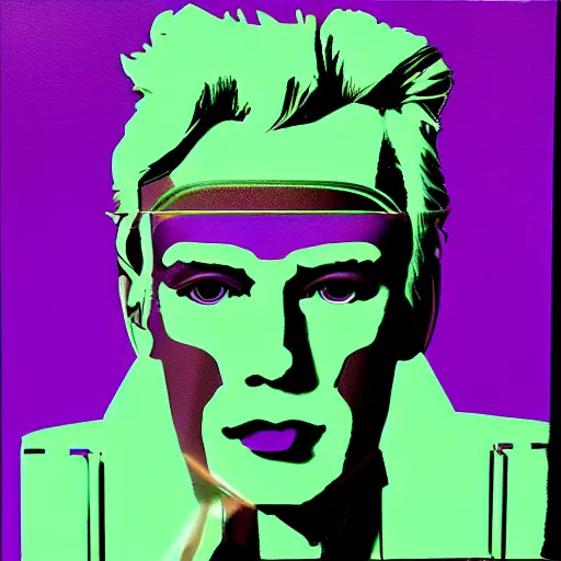 Image similar to a robot with the face of andy warhol, cyberpunk painting, award winning portrait, uncanny valley, dramatic lighting, detailed face, sharp focus, neon lighting