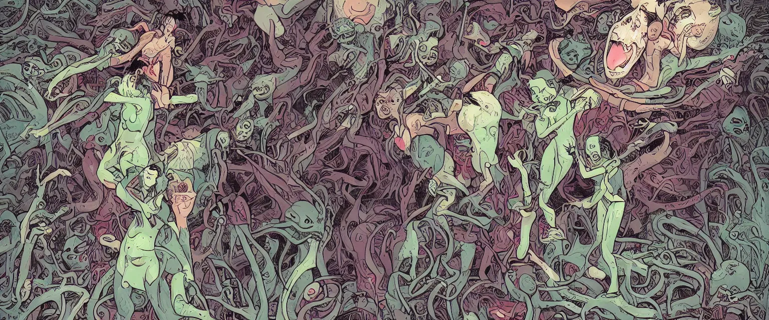 Image similar to woman screaming nightmare alien invasion attacking earth the end of the world, story illustration art green colors by james jean