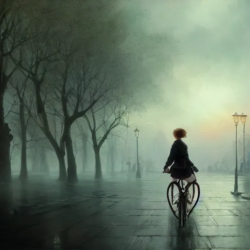 Image similar to cinematic shot epic portrait emma watson riding a bicycle in the streets, atmospheric, cloudy, broad light, ambient occlusion, volumetric light effect, made by ivan aivazovsky, peter mohrbacher, greg rutkowski, ross tran, matte painting, trending on artstation, 4 k, perfectly defined features, digital painting, cinematic, epic, highly detailed,