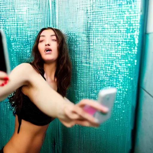 Prompt: beautiful girl takes a selfie in the toilet of a nightclub