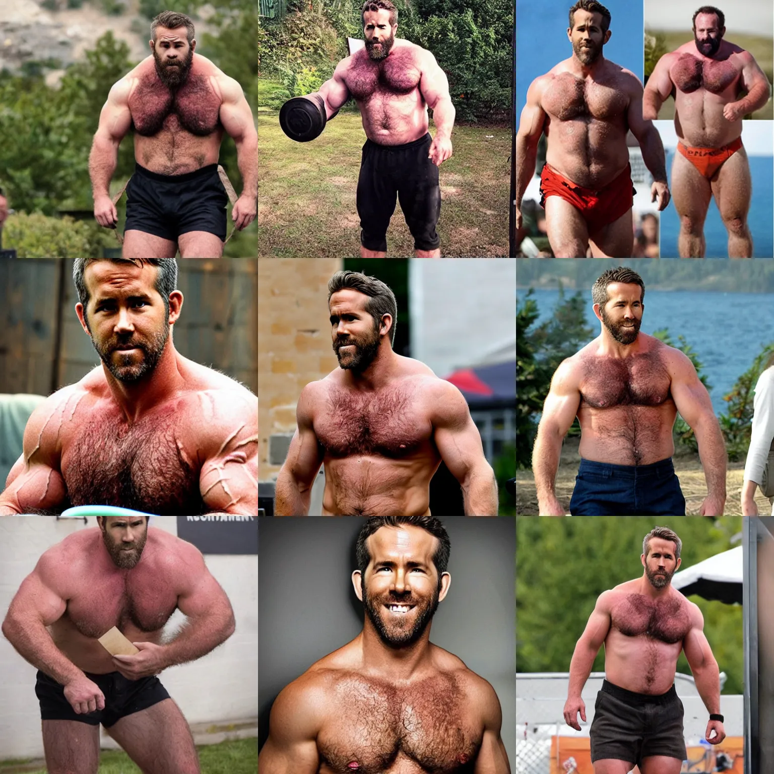 Prompt: ryan reynolds as a burly padded strongman, hairy