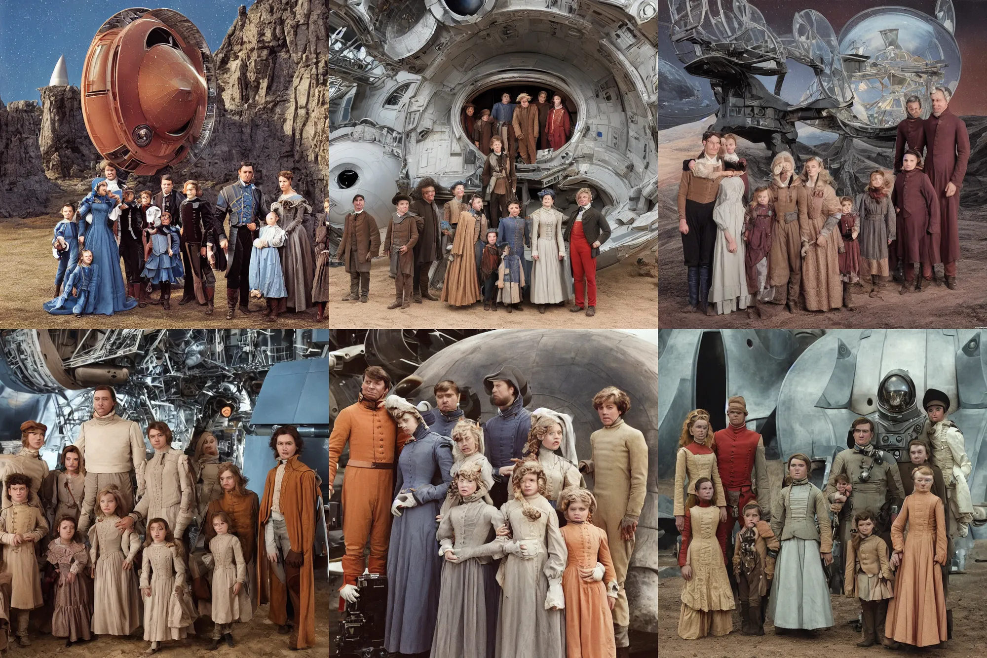 Prompt: highly detailed, 513435456k film, 134400mm film still from a sci fi blockbuster color movie made in 2019, set in 1860, of a family standing in front of a spaceship that has just landed on an alien planet, the family are all wearing 1860s era clothes, good lighting, good photography, ultra high definition