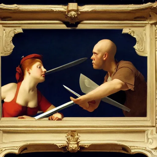 Prompt: a lovers quarrel with swords and knives by Raphael, Hopper, and Rene Magritte. detailed, romantic, enchanting, trending on artstation.