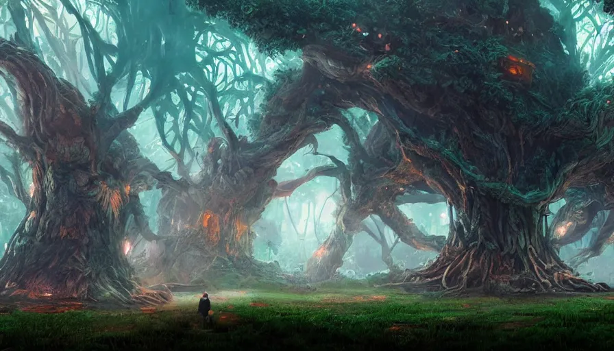 Image similar to ben lo illustration of the largest tree in the world under force field, bioshock concept art, solarpunk, hopeful, colorful, unreal engine, hyper realism, realistic shading, cinematic composition, realistic render, octane render, detailed textures, photorealistic, wide shot