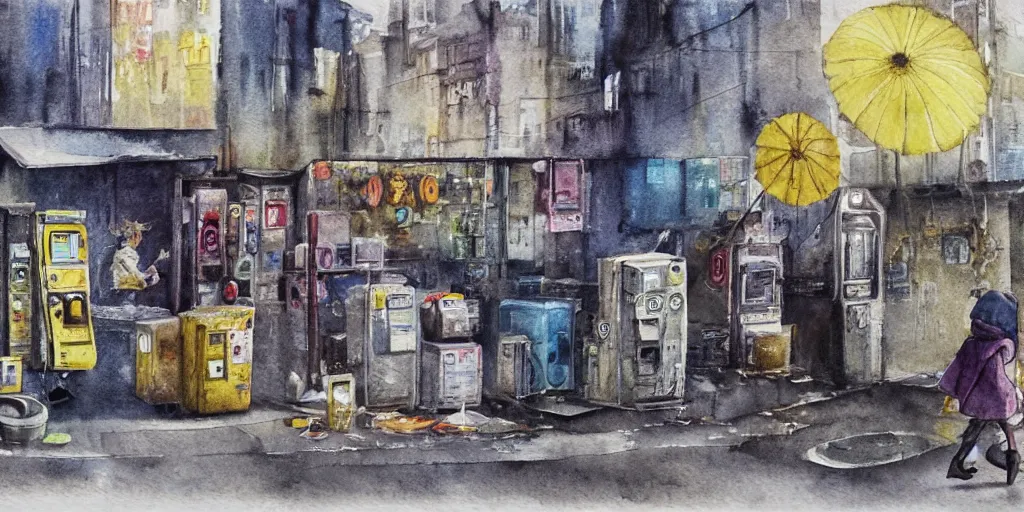 Image similar to deserted dusty junk town, a girl with a parka and a yellow parasol is running, broken vending machines, scene from the movie Ghost in the shell, watercolor, ultrawide