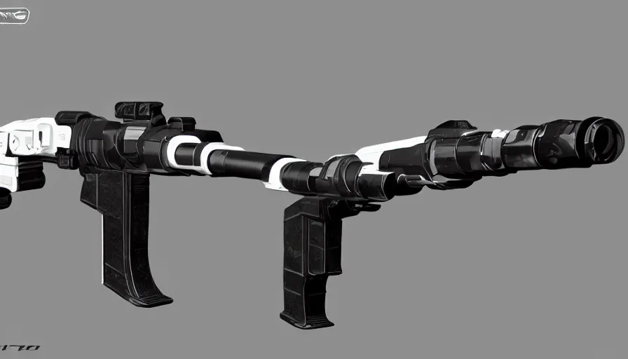 Image similar to extremely detailed ultra realistic photographic side view sci fi minimalist coilgun rifle, detailed trigger, chemically propelled, electric, smooth streamline, elegant sleek smooth body, white paint, battery and wires, railgun, chemrail, gauss, smooth utopian design, ultra high quality, octane, cod, destiny, warframe, terminator