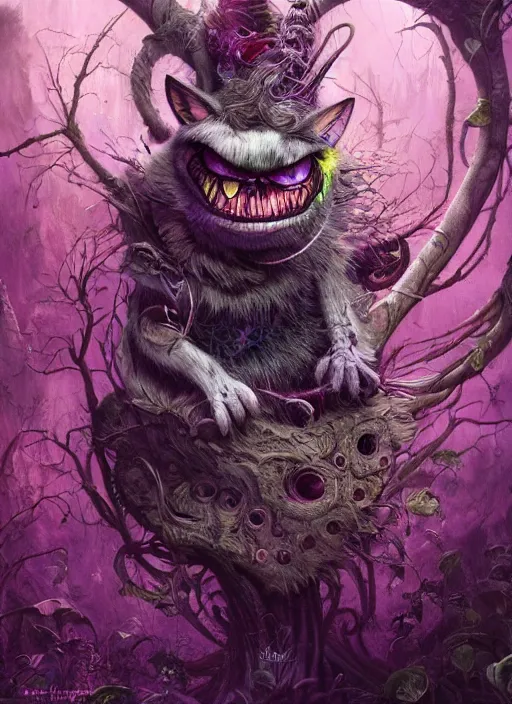 Prompt: cheshire cat, highly detailed, cinematic, 8 k, by megan duncanson, benjamin lacombe, stanley artgermm, tom bagshaw, craig mullins, carne griffiths, ayami kojima, beksinski, giger, trending on deviantart, hyper detailed, horror, full of colour