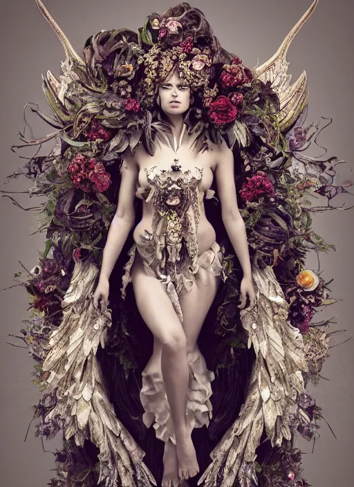 Image similar to full body environmental portrait photo of a goddess as angel, ornate headpiece made from flowers, ornaments, glamour shot by gemmy woud - binnendijk, chris knight, stefan gesell, photorealistic, canon r 3, fashion photography, ornate, elegant, luxury and elite, symmetrical features, octane render, unreal engine, solid dark grey background, dramatic lights